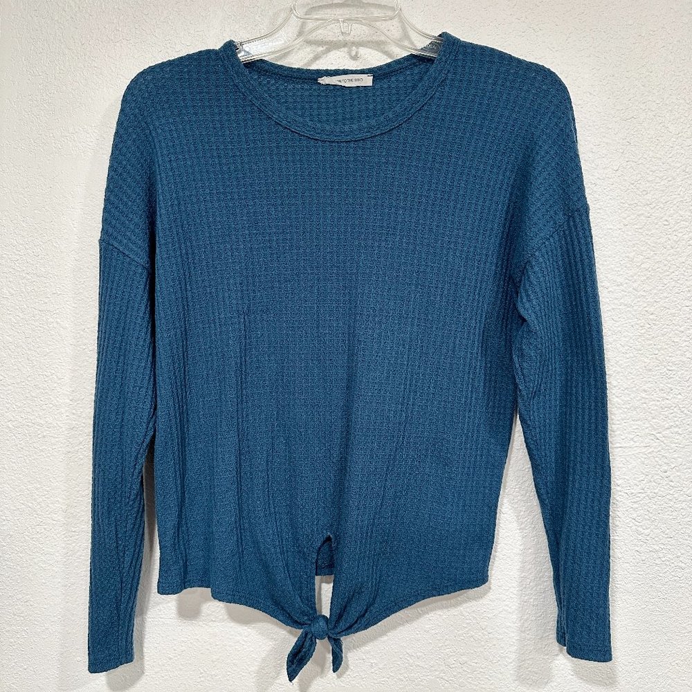 Caution to the Wind Waffle Knit Top Stretch Pullover Ties at Hem Slate Blue Sz M